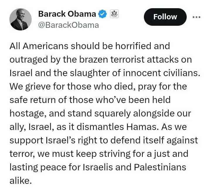 باراک اوباما، رئیس‌جمهور پیشین آمریکا در واکنش به حملهٔ گستردهٔ حماس به اسرائیل، گفته از نظر او باید حماس نابود شود.