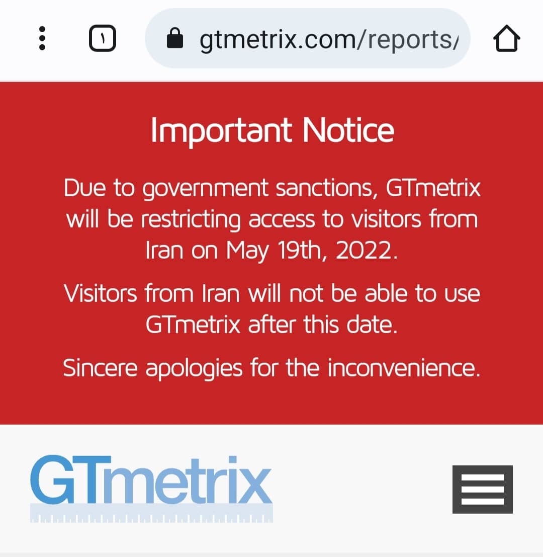 سایت جی تی متریکس GTMETRIX به روی کاربران ایرانی مسدود شد